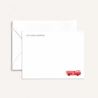 Fire truck personalized notecards with custom name and white envelope