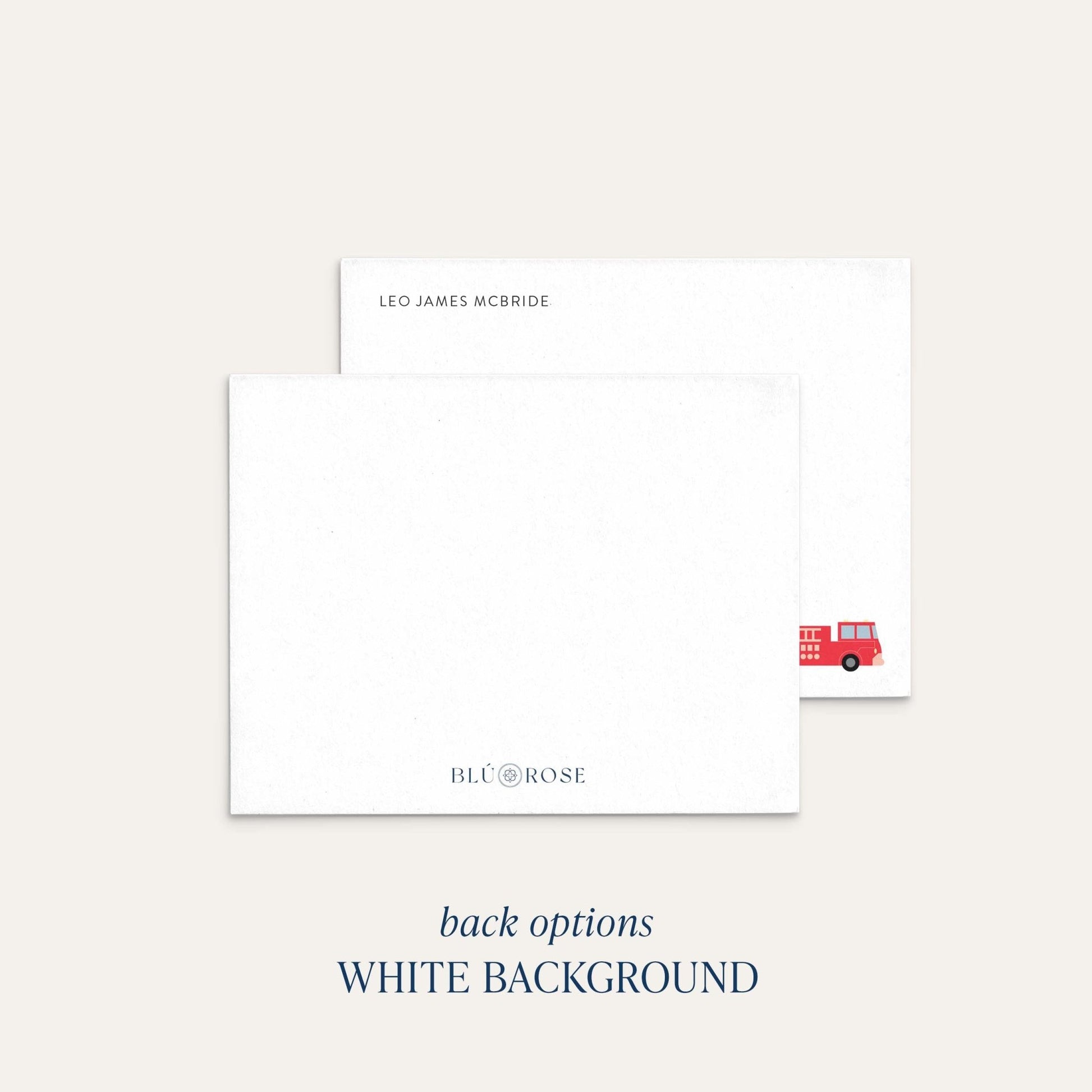 Fire truck personalized notecards white background back option
