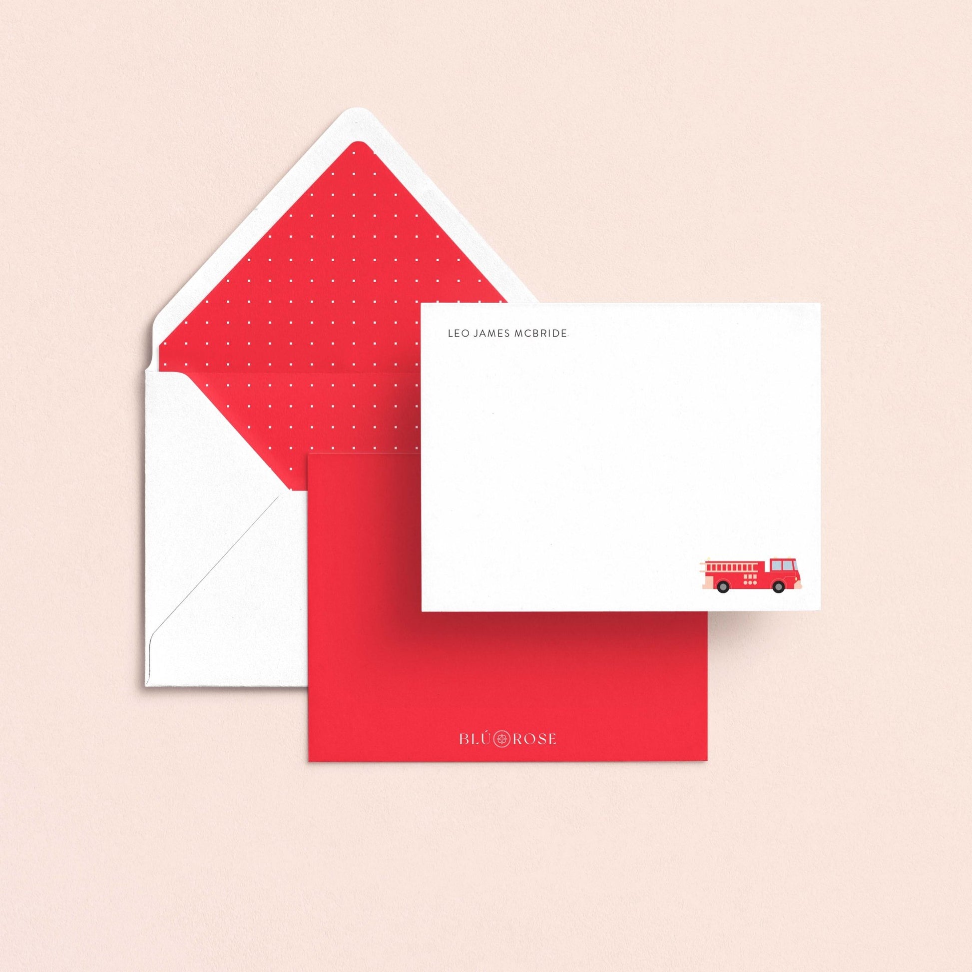 Fire truck personalized stationery set with patterned envelope liner