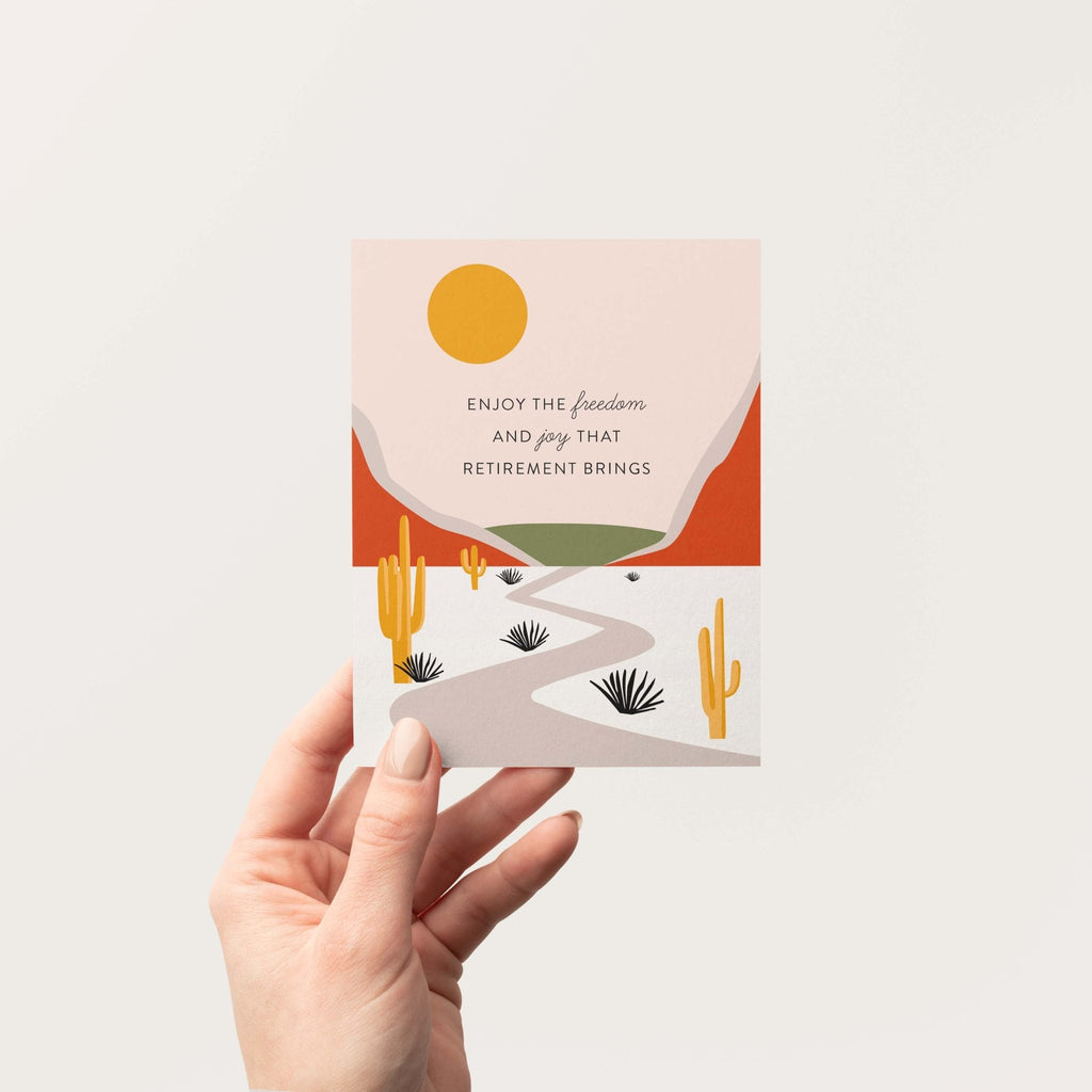 Minimal desert landscape retirement greeting card front view