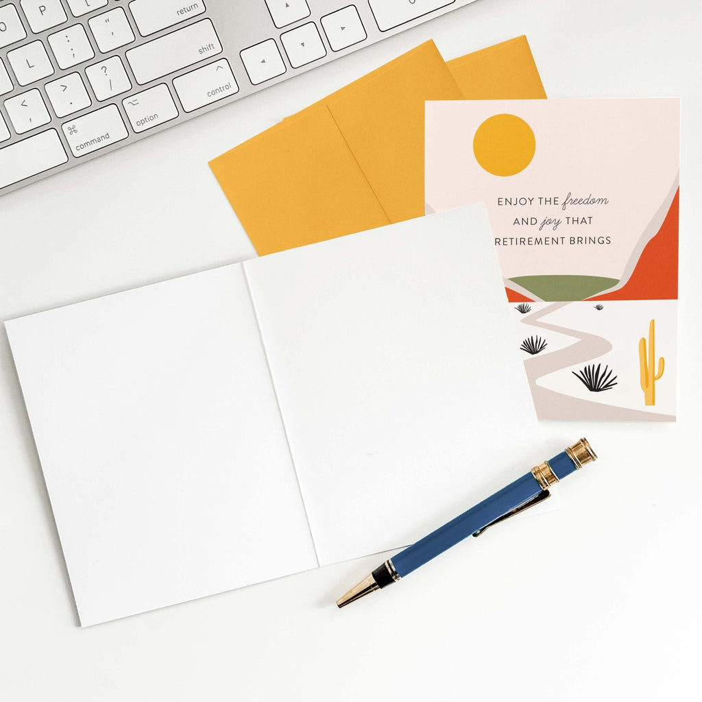 Retirement greeting card styled with envelope and desk setup