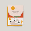 Retirement greeting card with desert landscape illustration and marigold envelope
