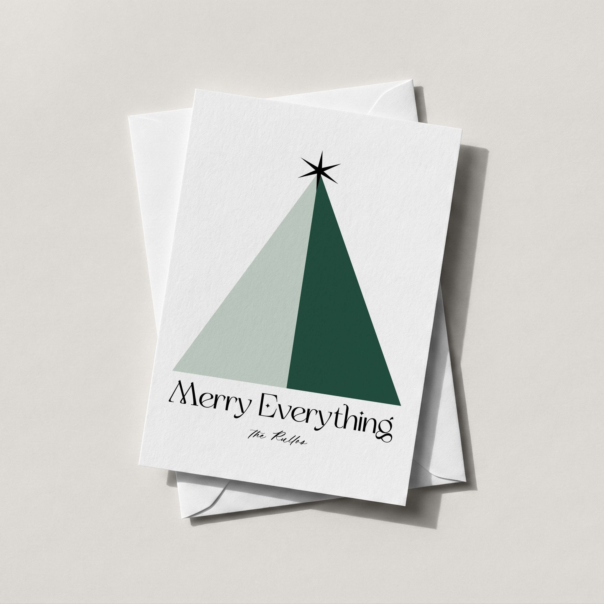 Geo Tree holiday card with a geometric sage and green Christmas tree and Merry Everything script