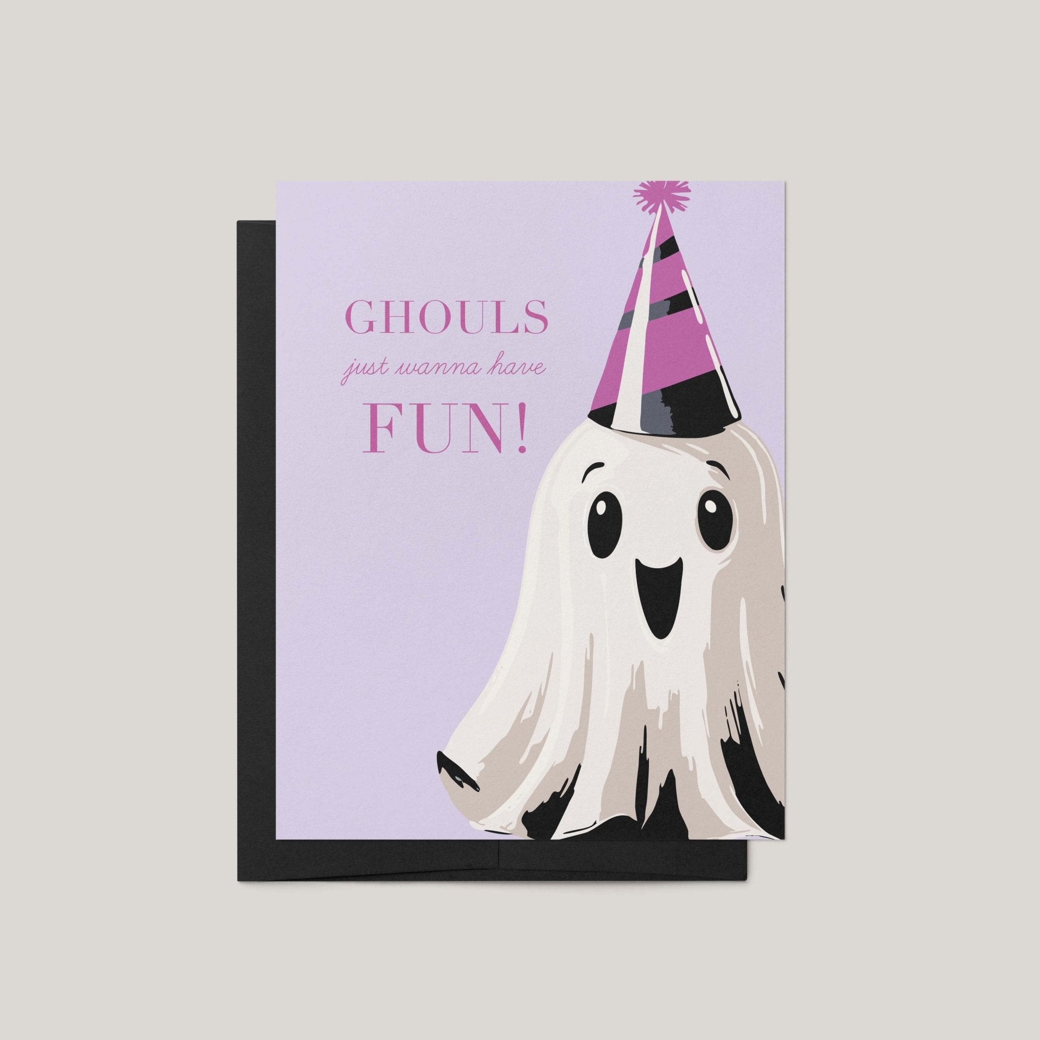Ghouls Just Wanna Have Fun Halloween greeting card by Blú Rose, lavender card with cute ghost in a party hat illustration, shown with black envelope