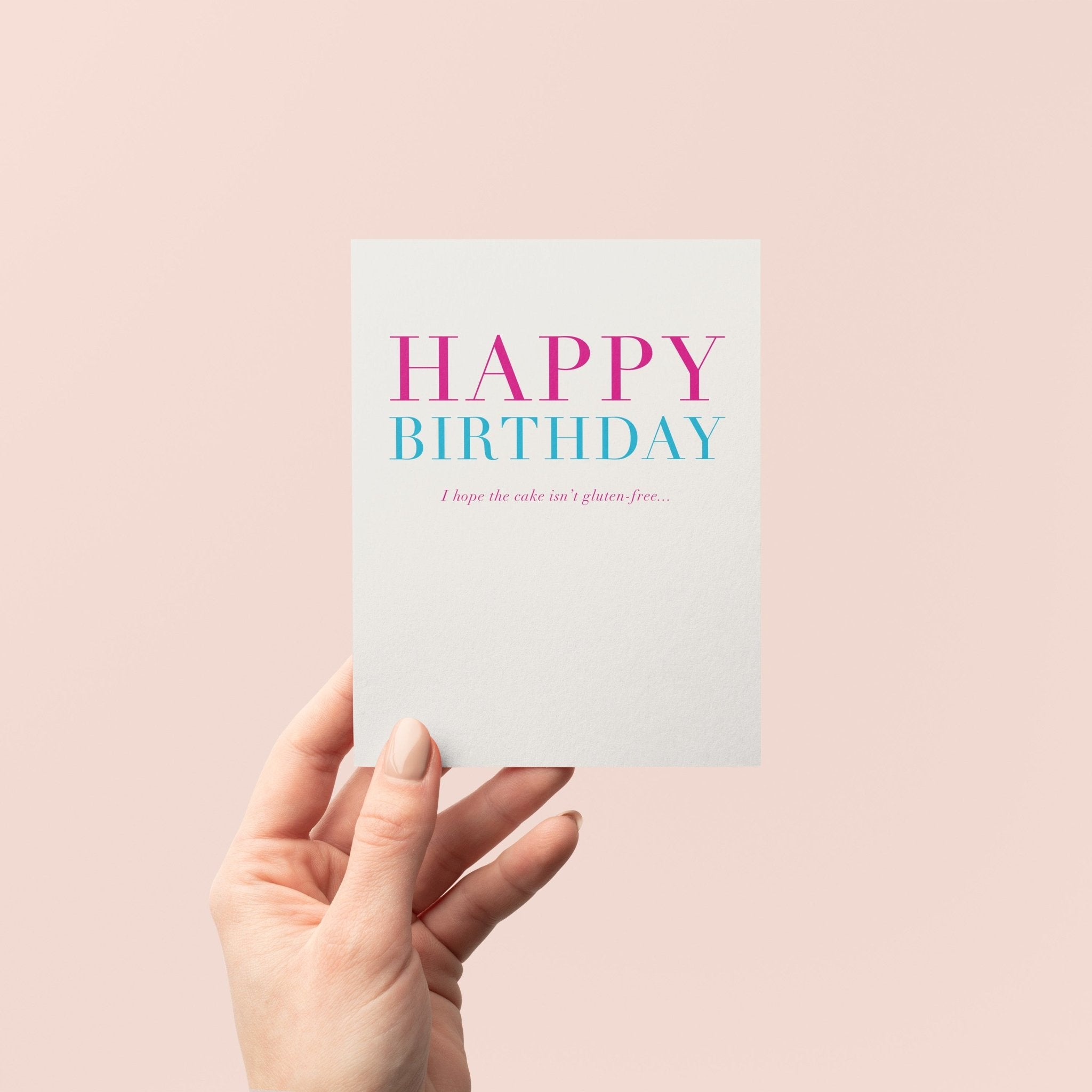 Gluten-Free Birthday greeting card by Blú Rose held in hand against a neutral off-white background