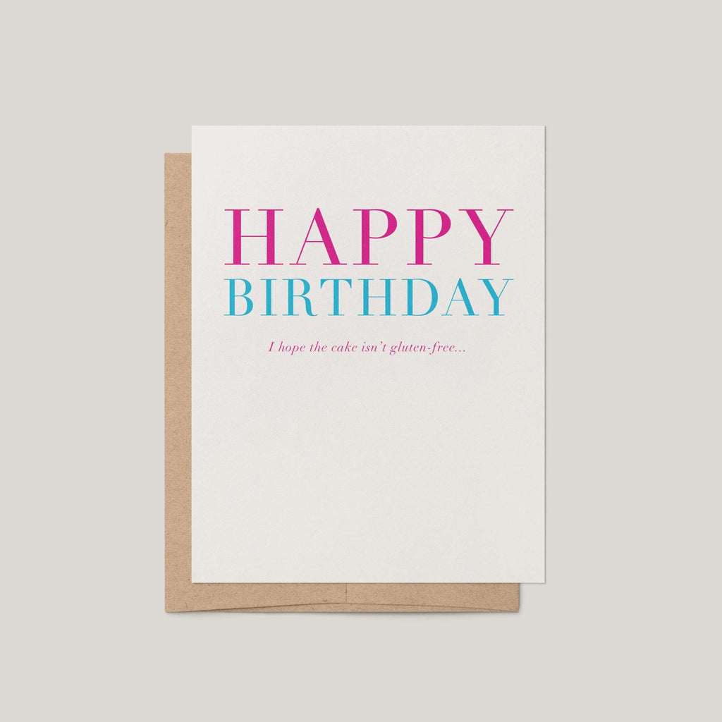 Gluten-Free Birthday funny greeting card by Blú Rose, ivory card with magenta and teal Happy Birthday text, shown with kraft envelope