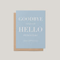 Goodbye Tension, Hello Pension retirement greeting card by Blú Rose, dusty blue card with white serif text, shown with kraft envelope