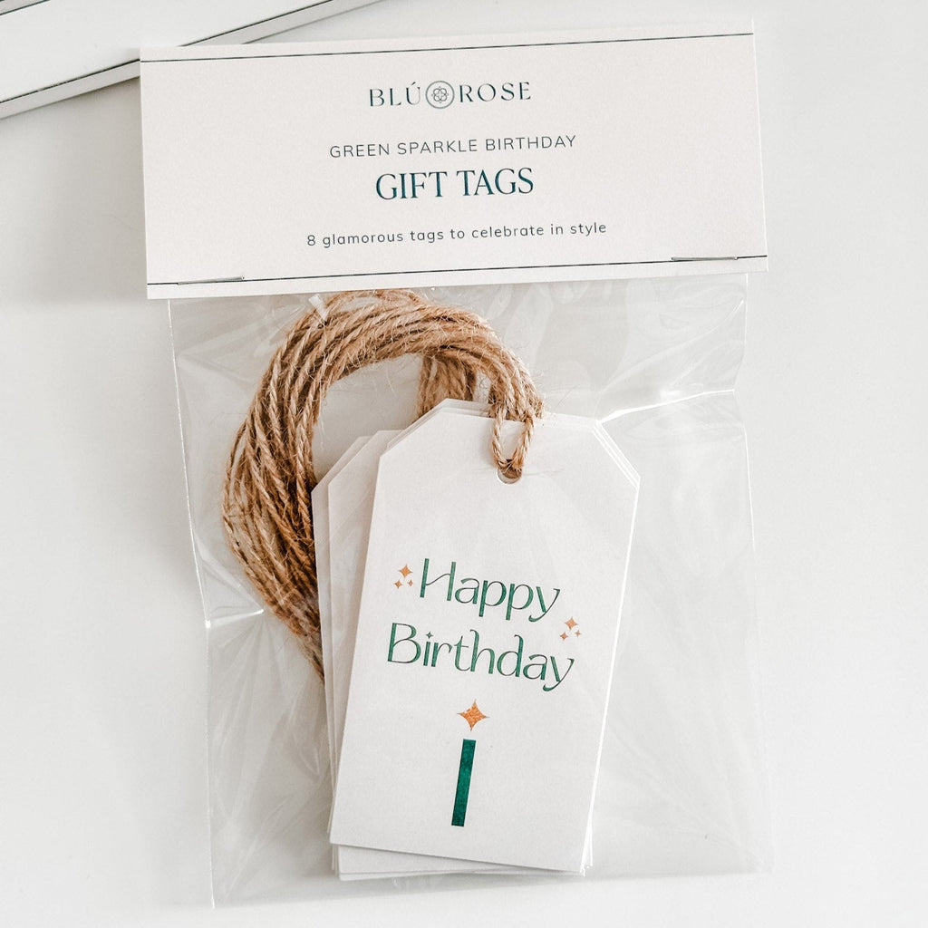 Green Sparkle Birthday gift tags by Blú Rose, packaged set of 'Happy Birthday' tags with twine and a branded header card reading 8 glamorous tags