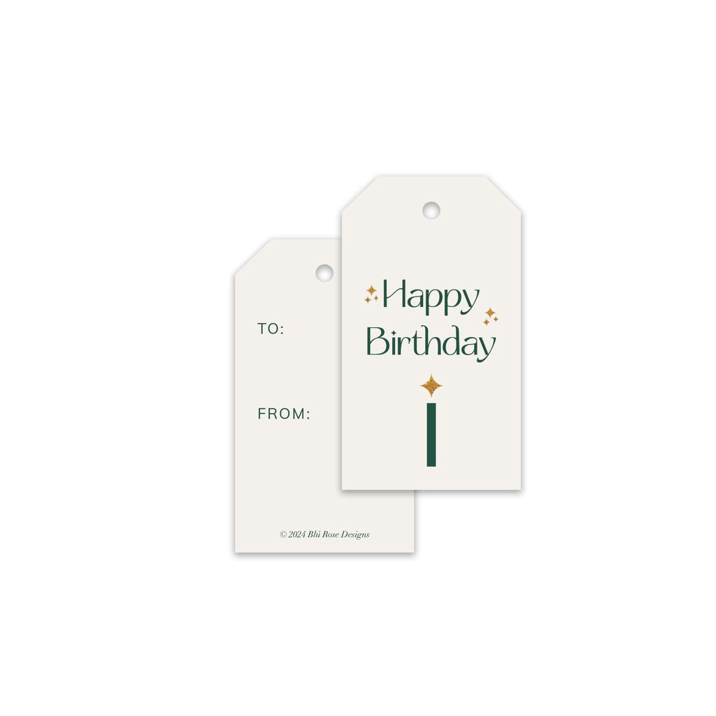 Green Sparkle Birthday gift tags by Blú Rose, front and back of white 'Happy Birthday' tags showing the design and to/from lines