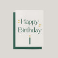 Green Sparkle Birthday greeting card by Blú Rose, ivory card with green Happy Birthday text and gold sparkles, shown with green envelope