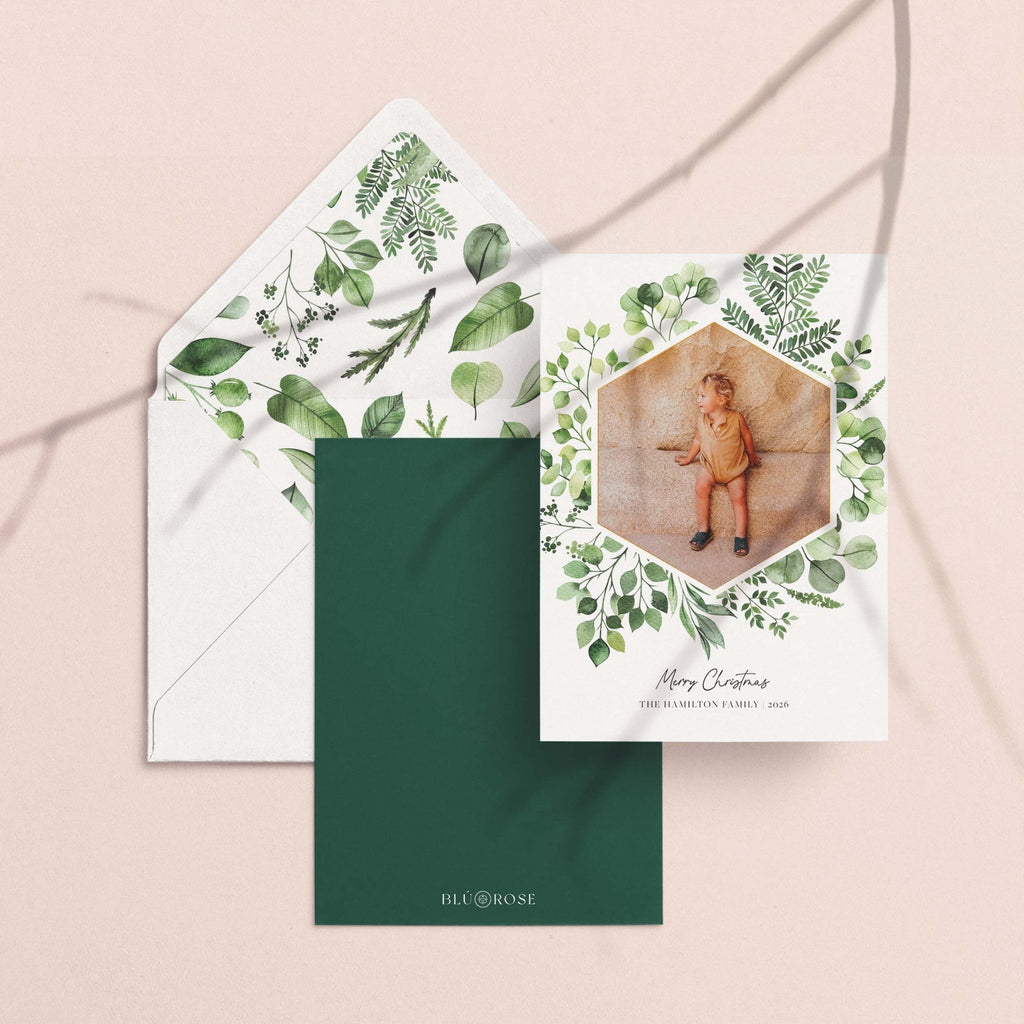 Greenery Frame card with its watercolor greenery envelope liner and forest green backer