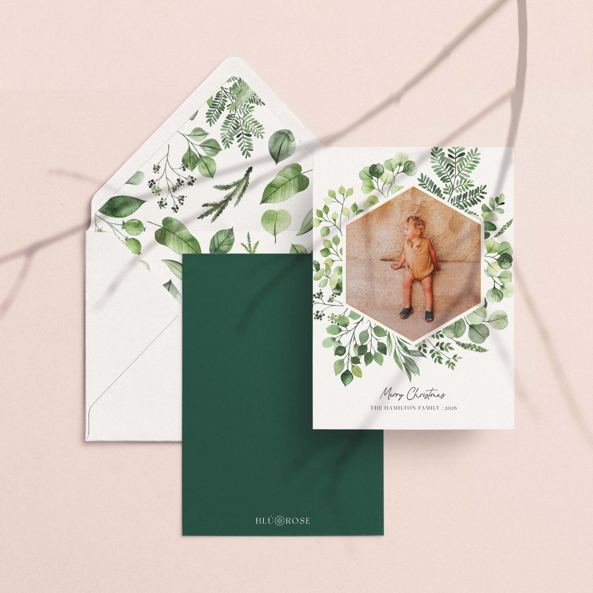 Greenery Frame card with its watercolor greenery envelope liner and forest green backer