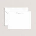 Haley personalized notecards by Blú Rose, white flat notecard with the name 'Haley Garner' in mauve script, shown with a coordinating white envelope