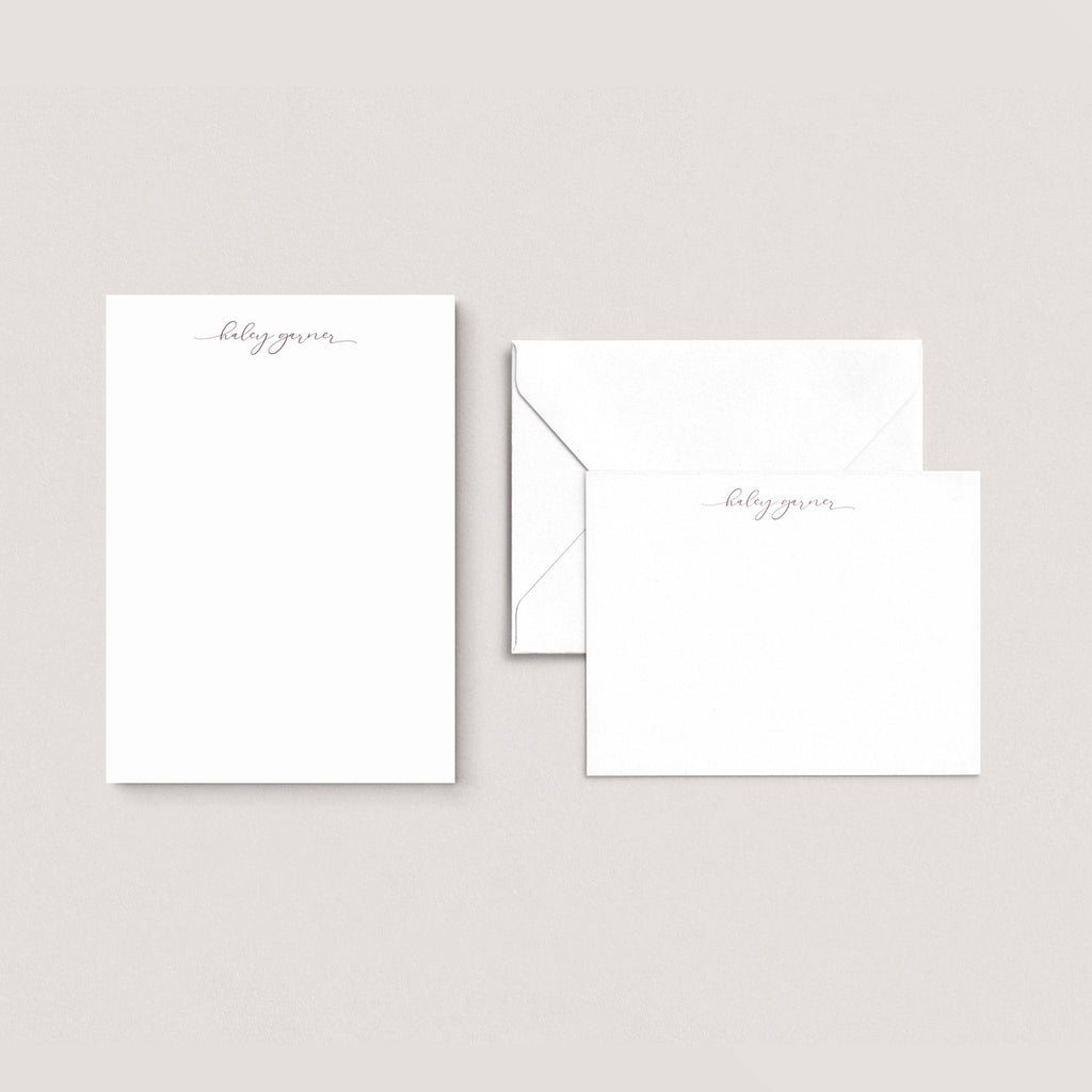 Haley stationery set by Blú Rose, white script-name notepad with matching flat notecard and envelope, personalized 'Haley Garner'