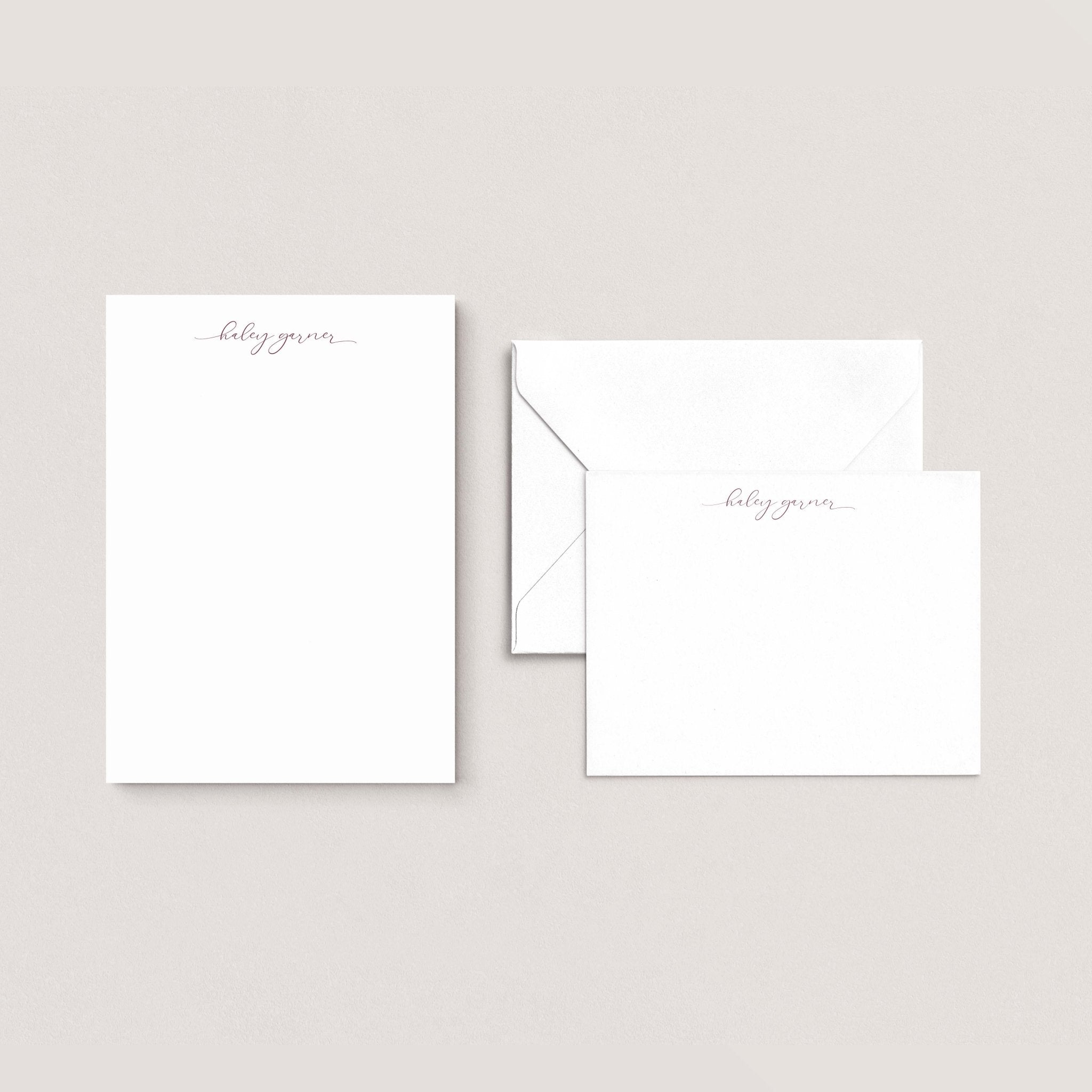 Haley stationery set by Blú Rose, white script-name notepad with matching flat notecard and envelope, personalized 'Haley Garner'