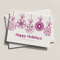 Hanging Ornaments landscape card with magenta line-drawn ornaments and Happy Holidays script