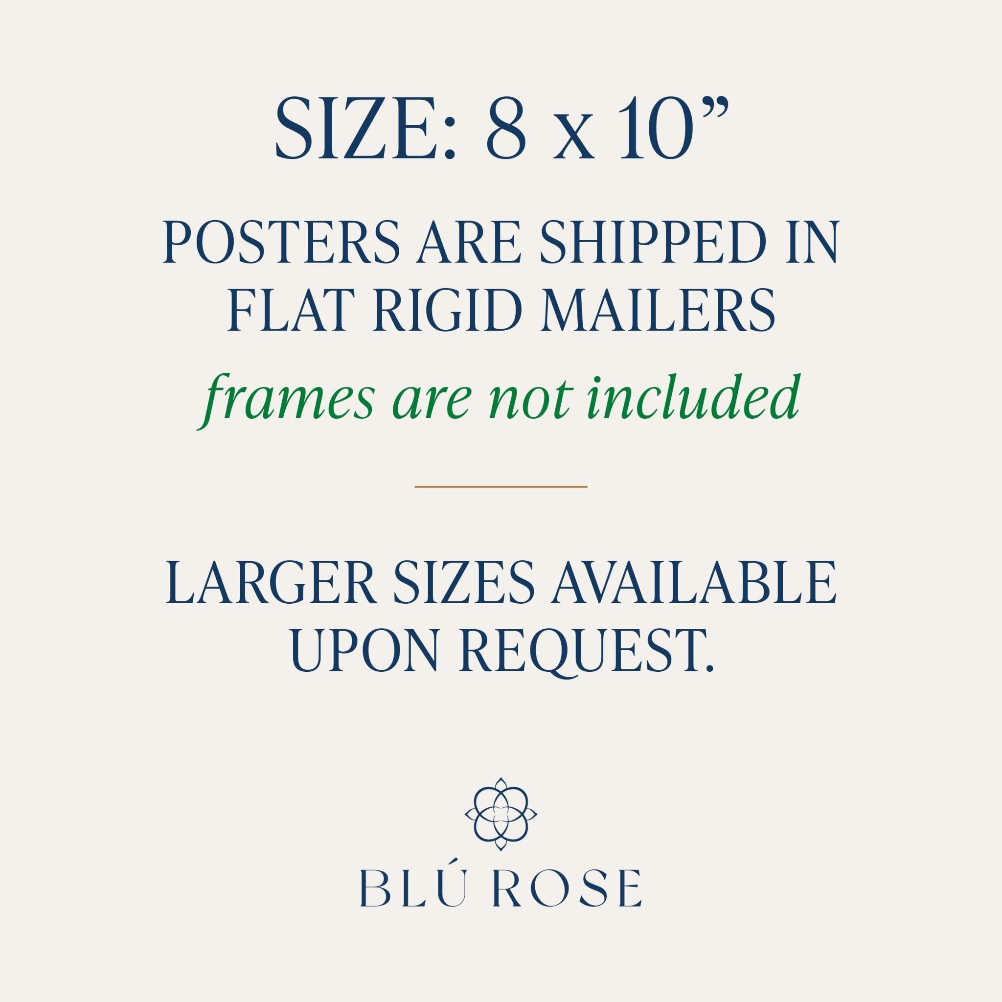 Art print product information including 8x10" size, posters shipped in flat mailers, frames not included.