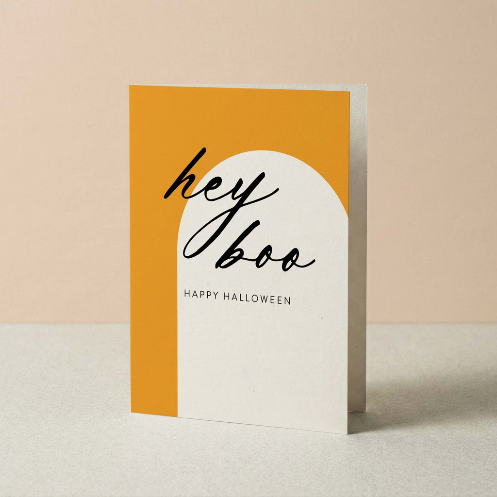 Hey Boo Halloween card by Blú Rose standing upright, marigold arch design on a neutral background