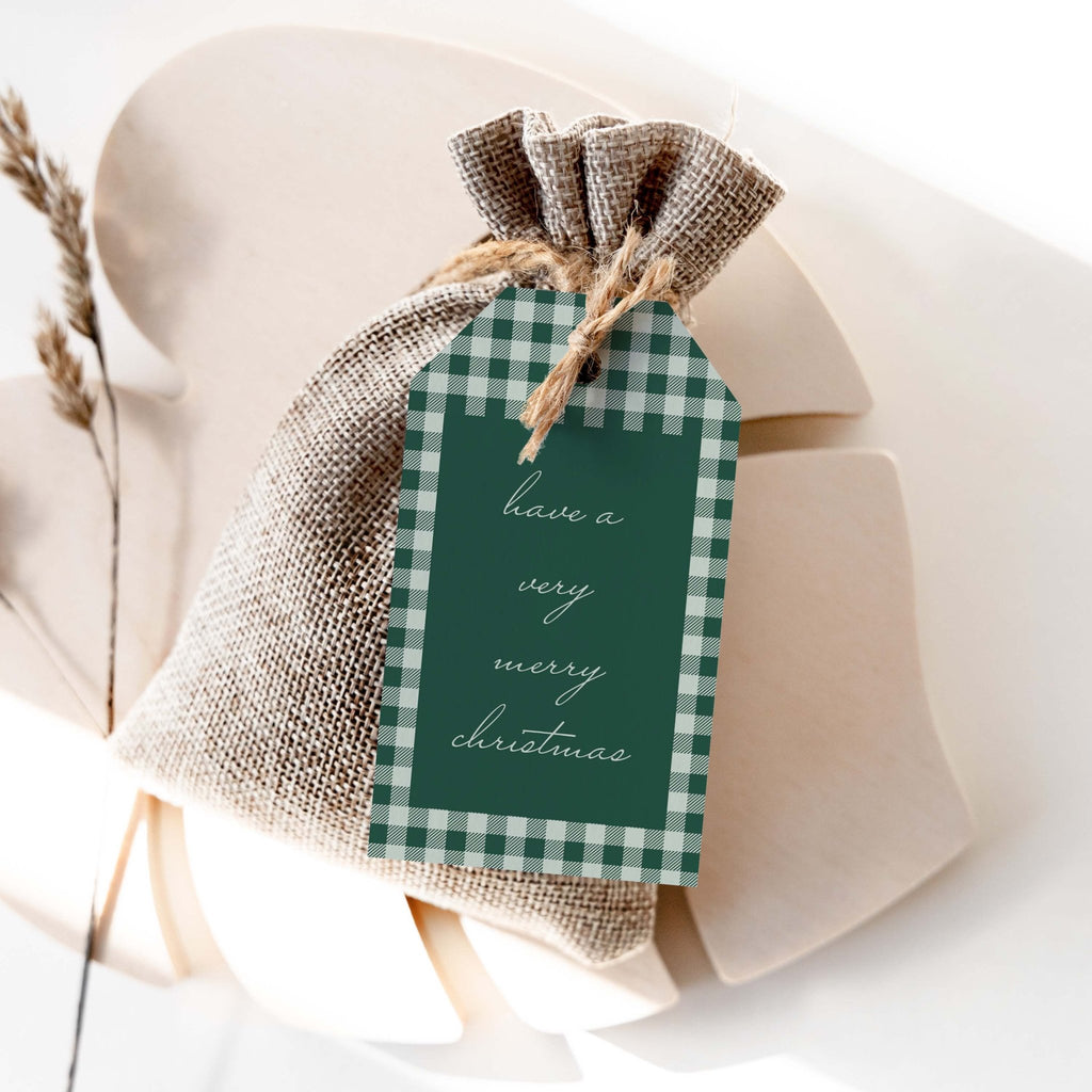 Holiday Plaid gift tag by Blú Rose, green gingham 'have a very merry christmas' tag on a burlap favor bag