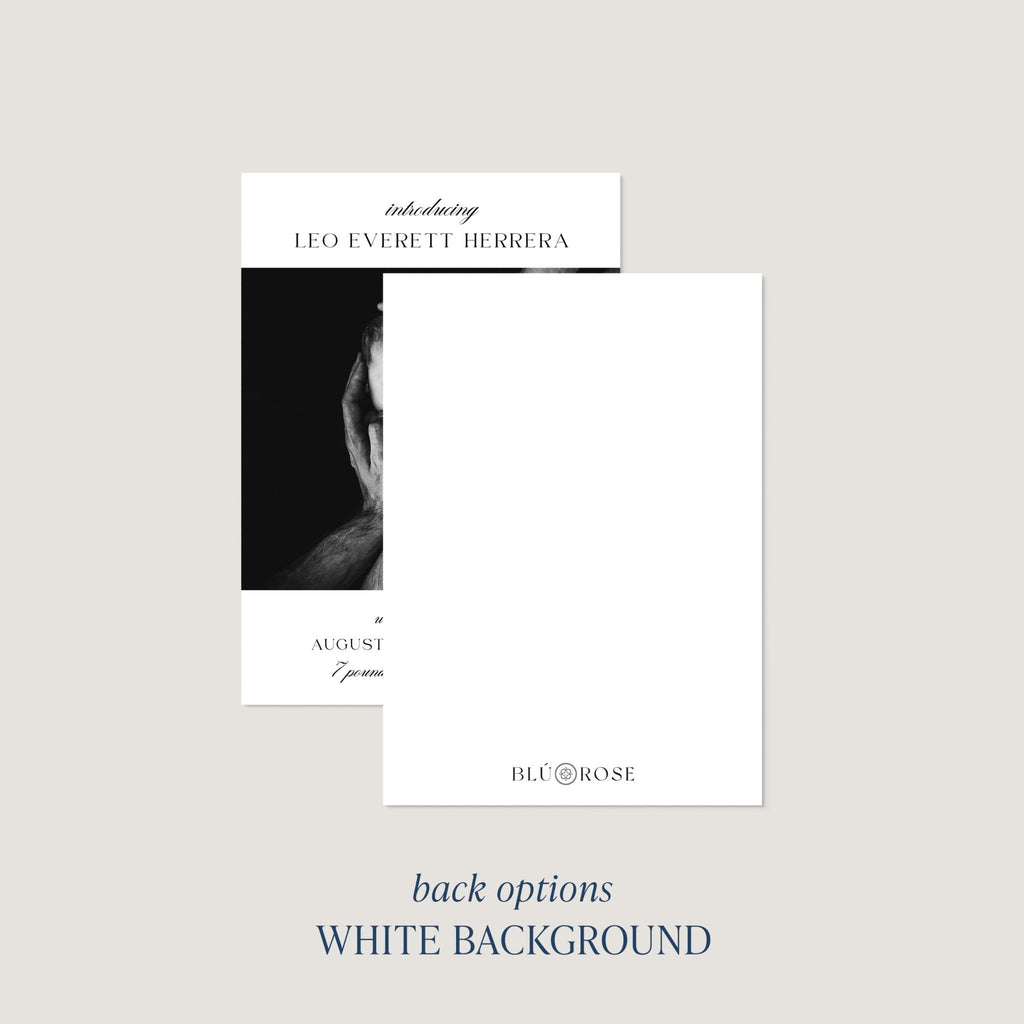Back of Introducing Me baby announcement card showing white background option