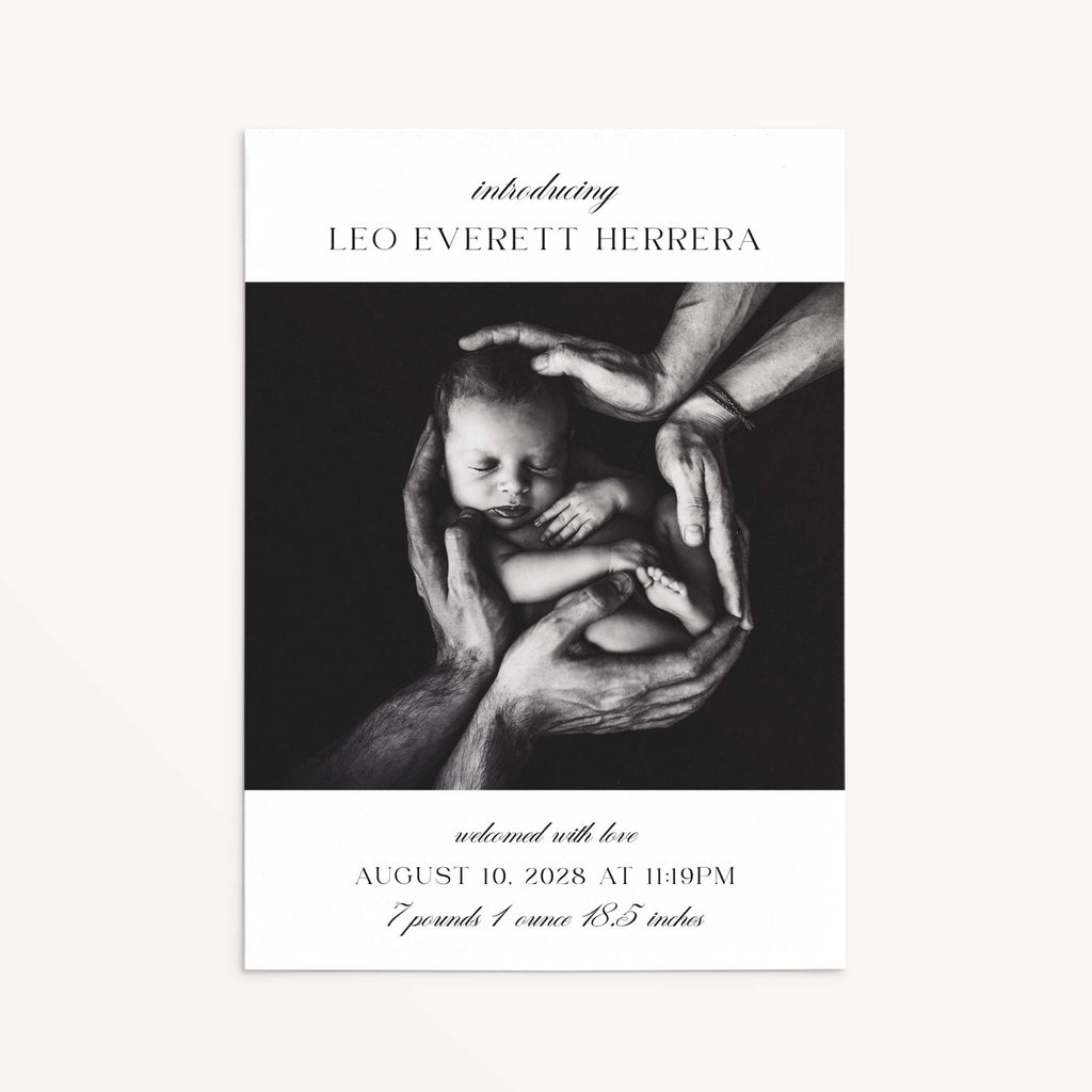 Introducing Me baby announcement card front view showing newborn photo with personalized birth details in refined typography