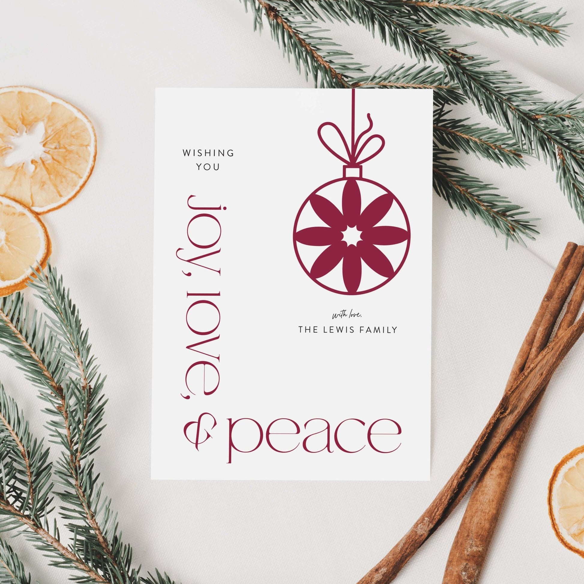 Joy, Love & Peace Modern Ornament Holiday Cards - Blú Rose