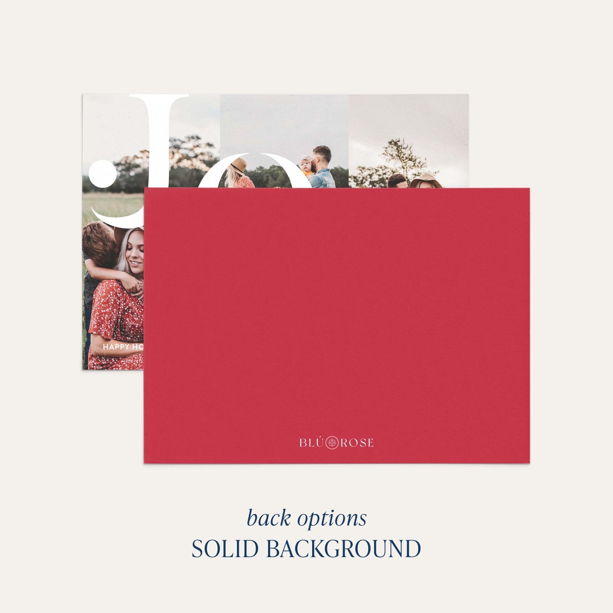 Joy card back option: solid red with a small Blú Rose mark