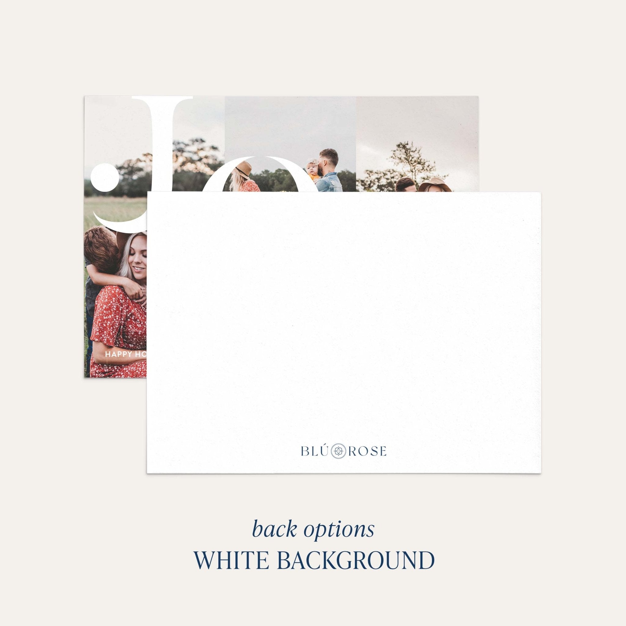 Joy card back option: plain white with a small Blú Rose mark