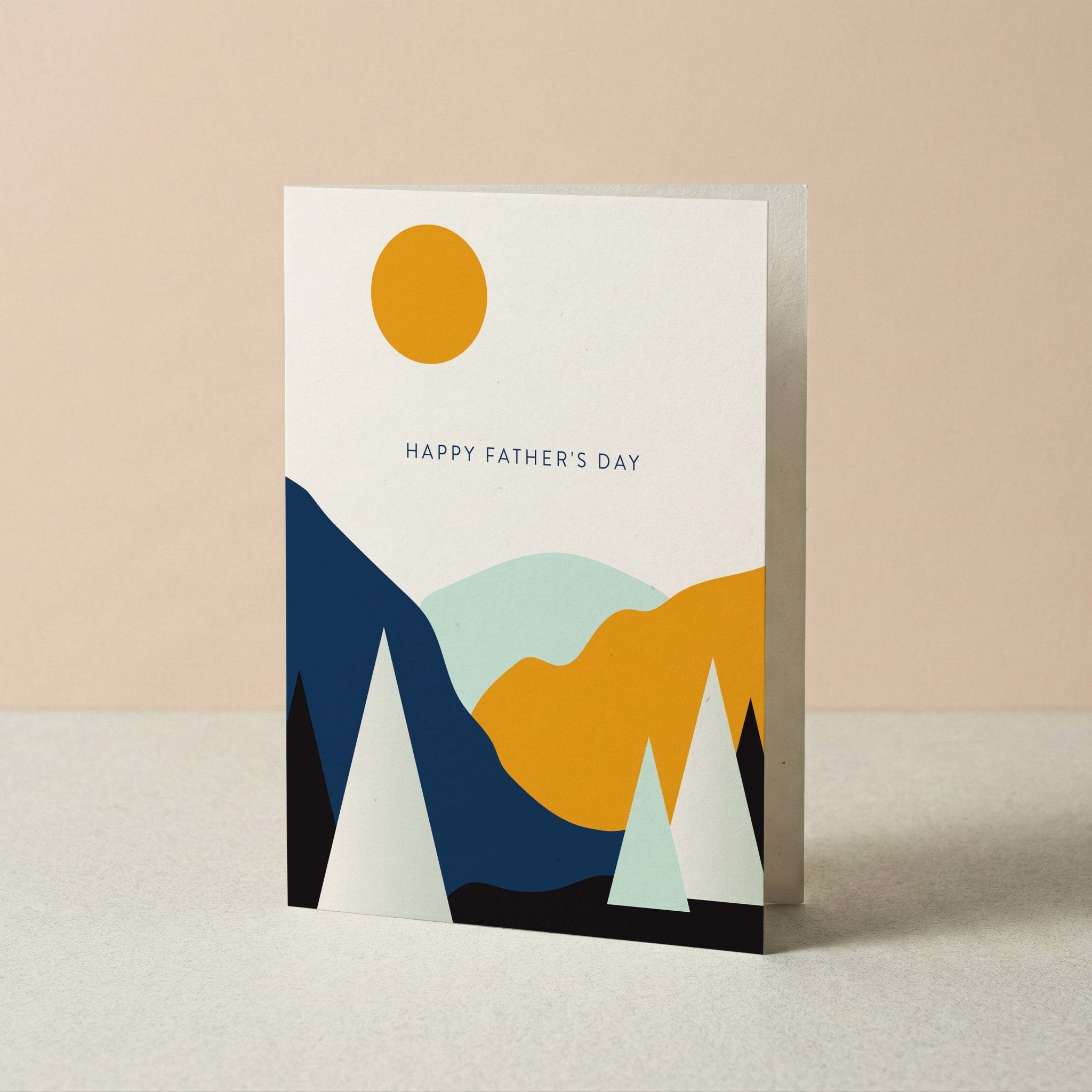 Landscape Father's Day card by Blú Rose standing upright, modern mountain landscape illustration on a neutral background