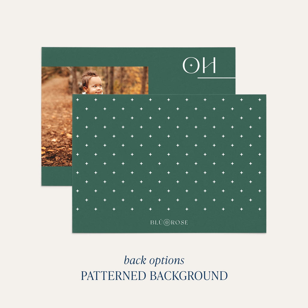 Left Photo card back option: forest green with a scattered white dot print