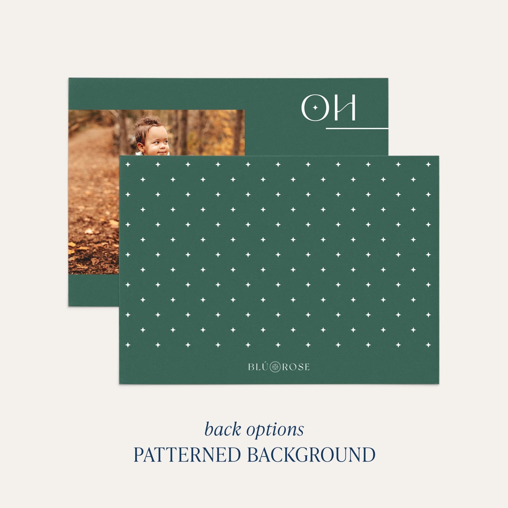 Left Photo card back option: forest green with a scattered white dot print