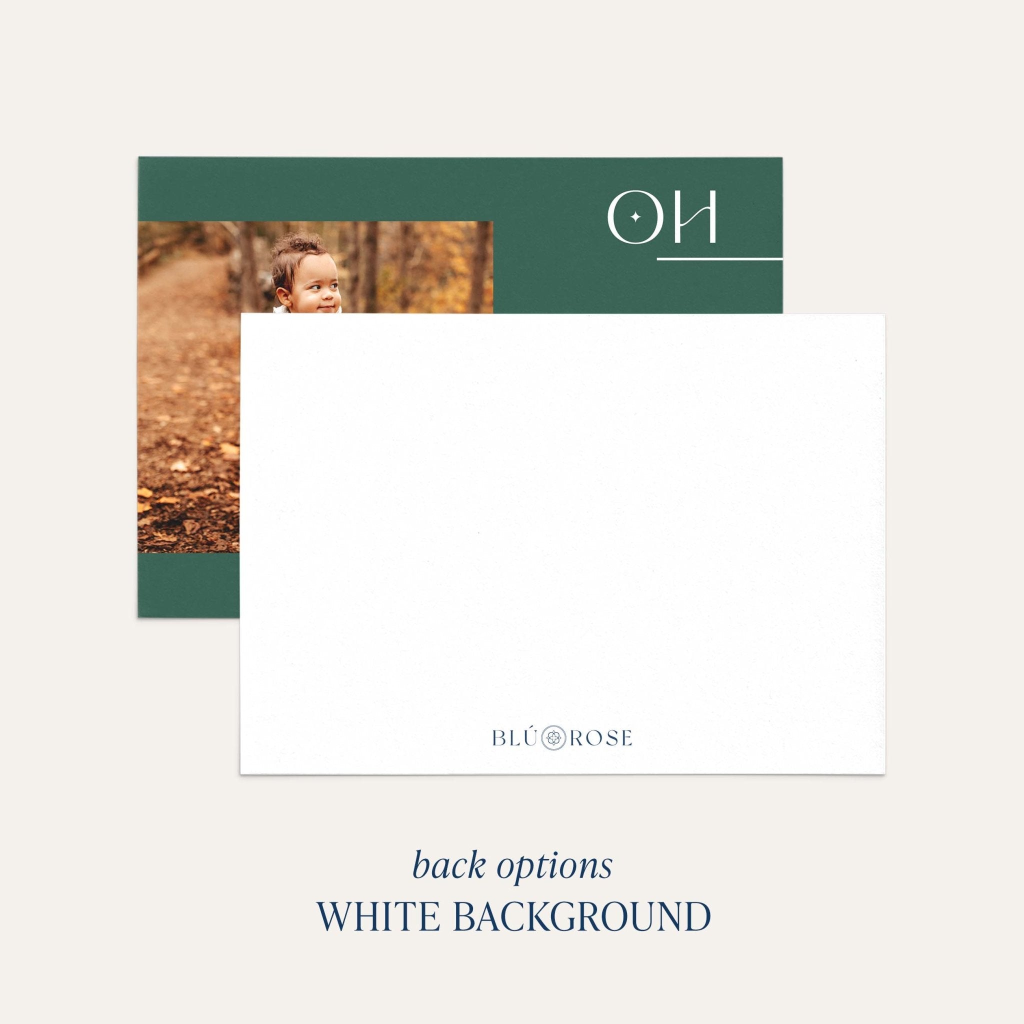 Left Photo card back option: plain white with a small Blú Rose mark