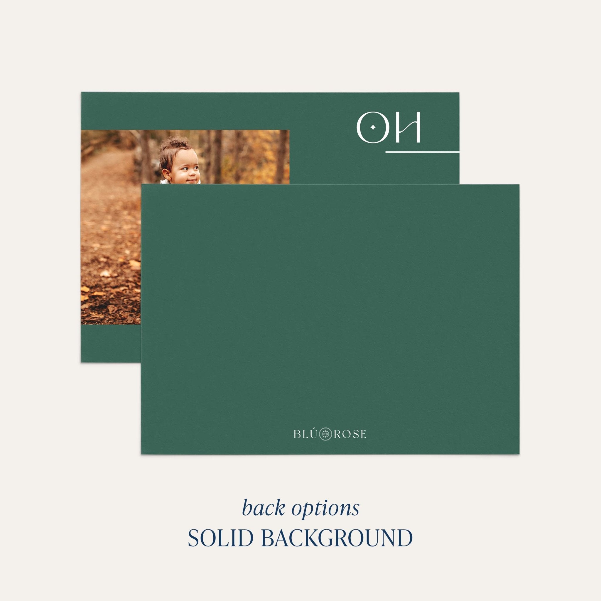 Left Photo card back option: solid forest green with a small Blú Rose mark