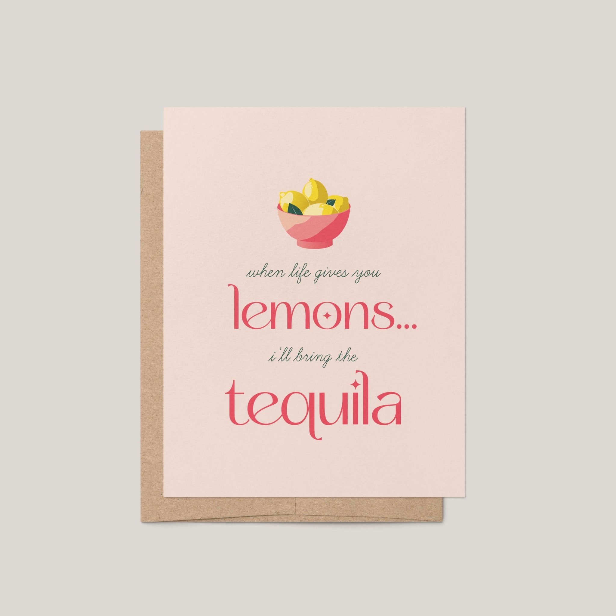 Lemons + Tequila funny friendship greeting card by Blú Rose, blush card with bowl of lemons illustration, shown with kraft envelope