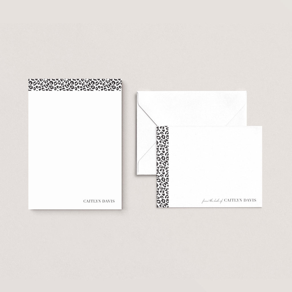 Leopard stationery set by Blú Rose, leopard-print notepad with matching flat notecard and envelope, personalized 'Caitlyn Davis'