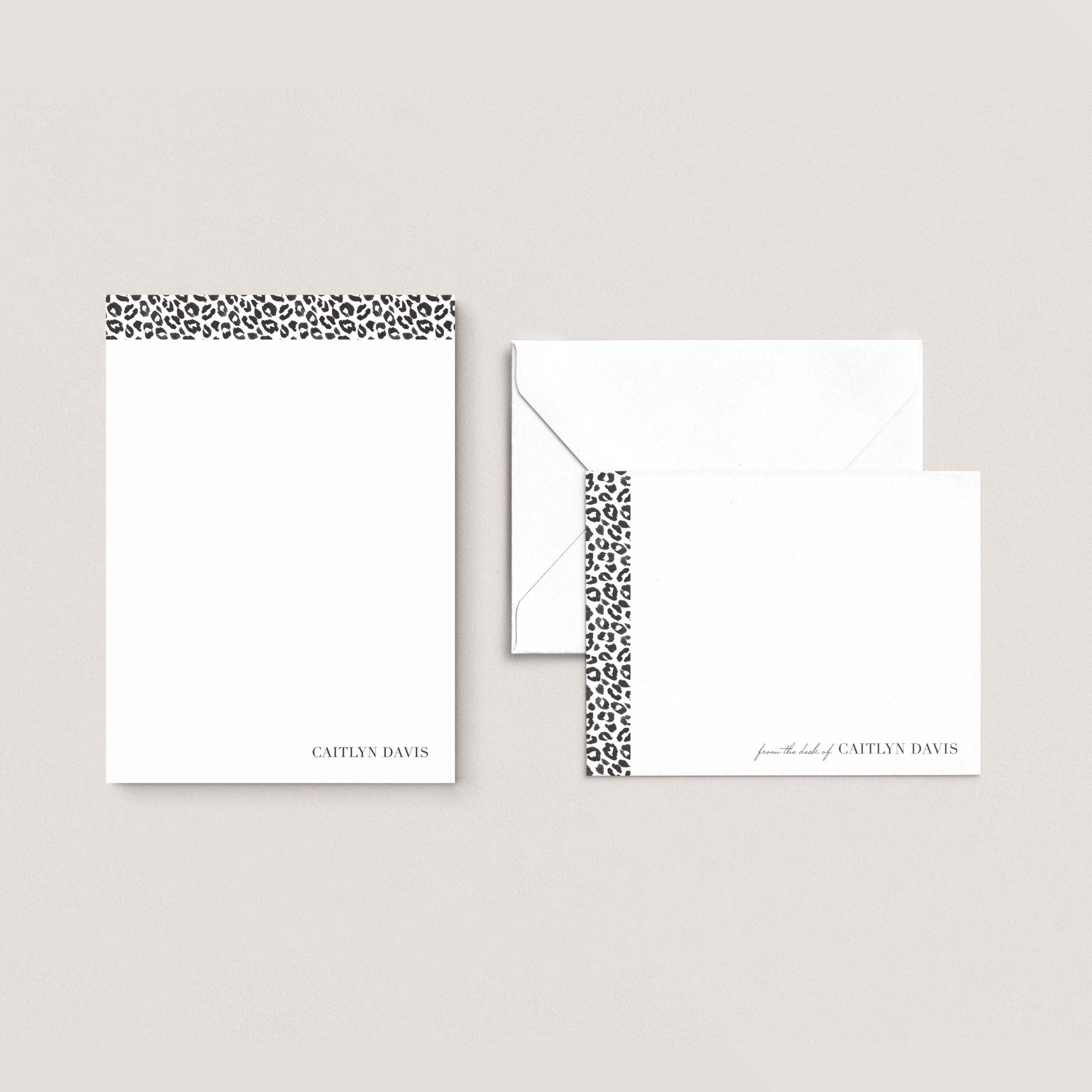 Leopard stationery set by Blú Rose, leopard-print notepad with matching flat notecard and envelope, personalized 'Caitlyn Davis'