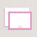 Lined Arches personalized notecards by Blú Rose, white flat notecard with a magenta art-deco arch border and the name 'Emma Watson' with 'with love', shown with a coordinating white envelope