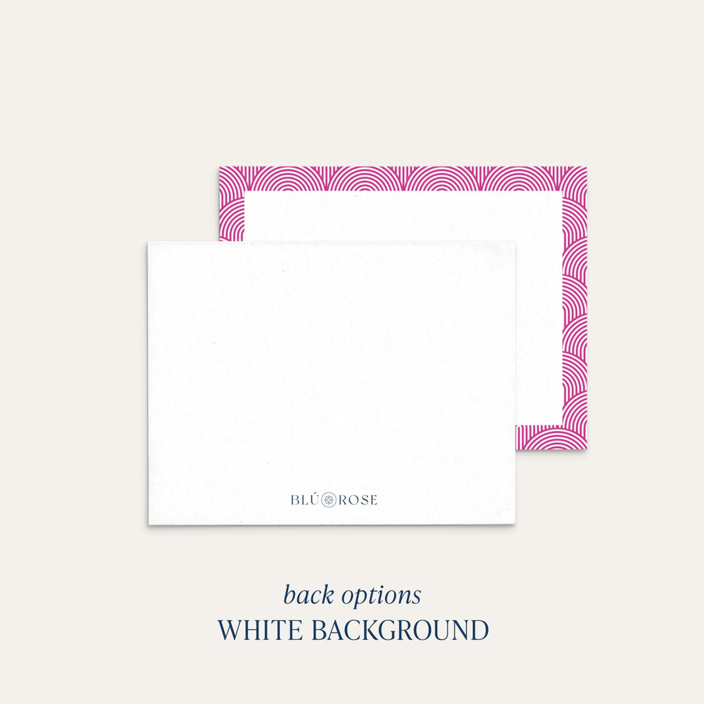 Lined Arches personalized notecards by Blú Rose, white background back option with the Blú Rose logo