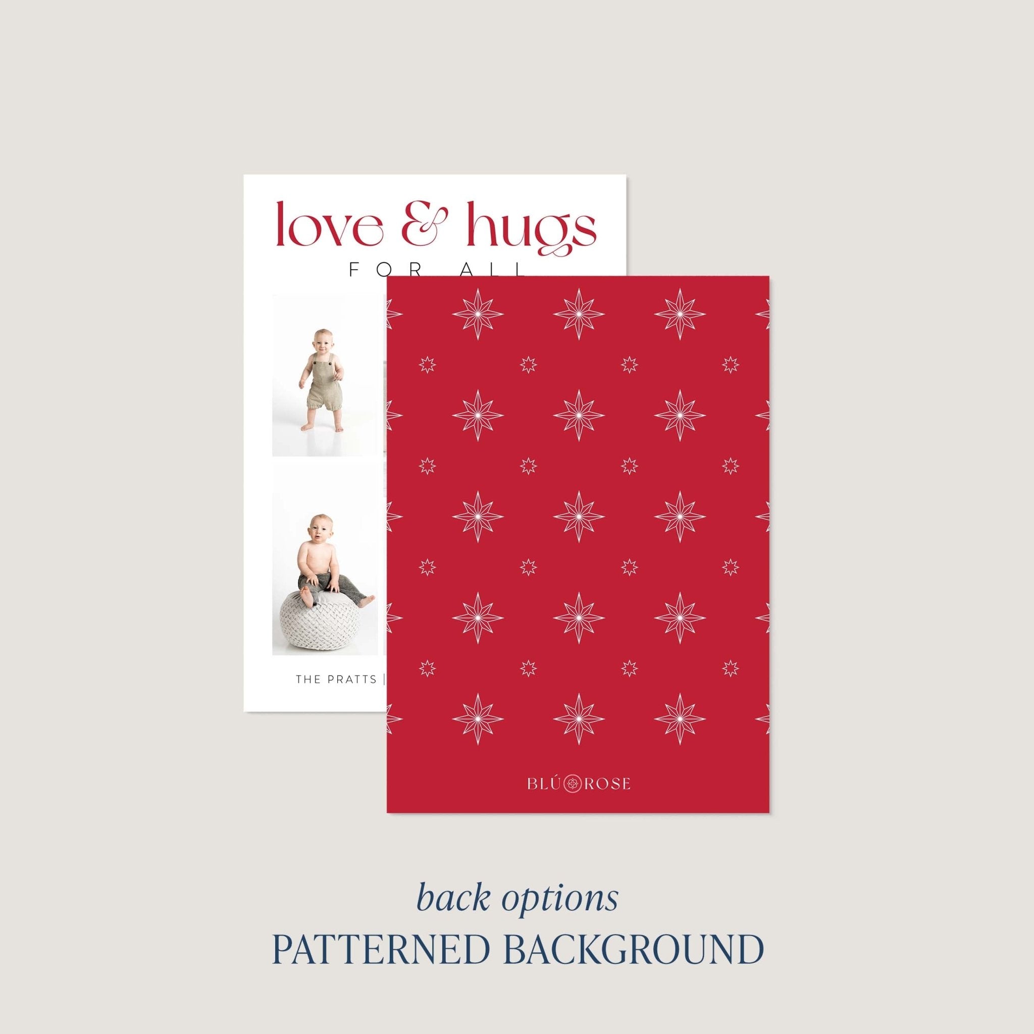 Love + Hugs card back option: red with a delicate white snowflake print