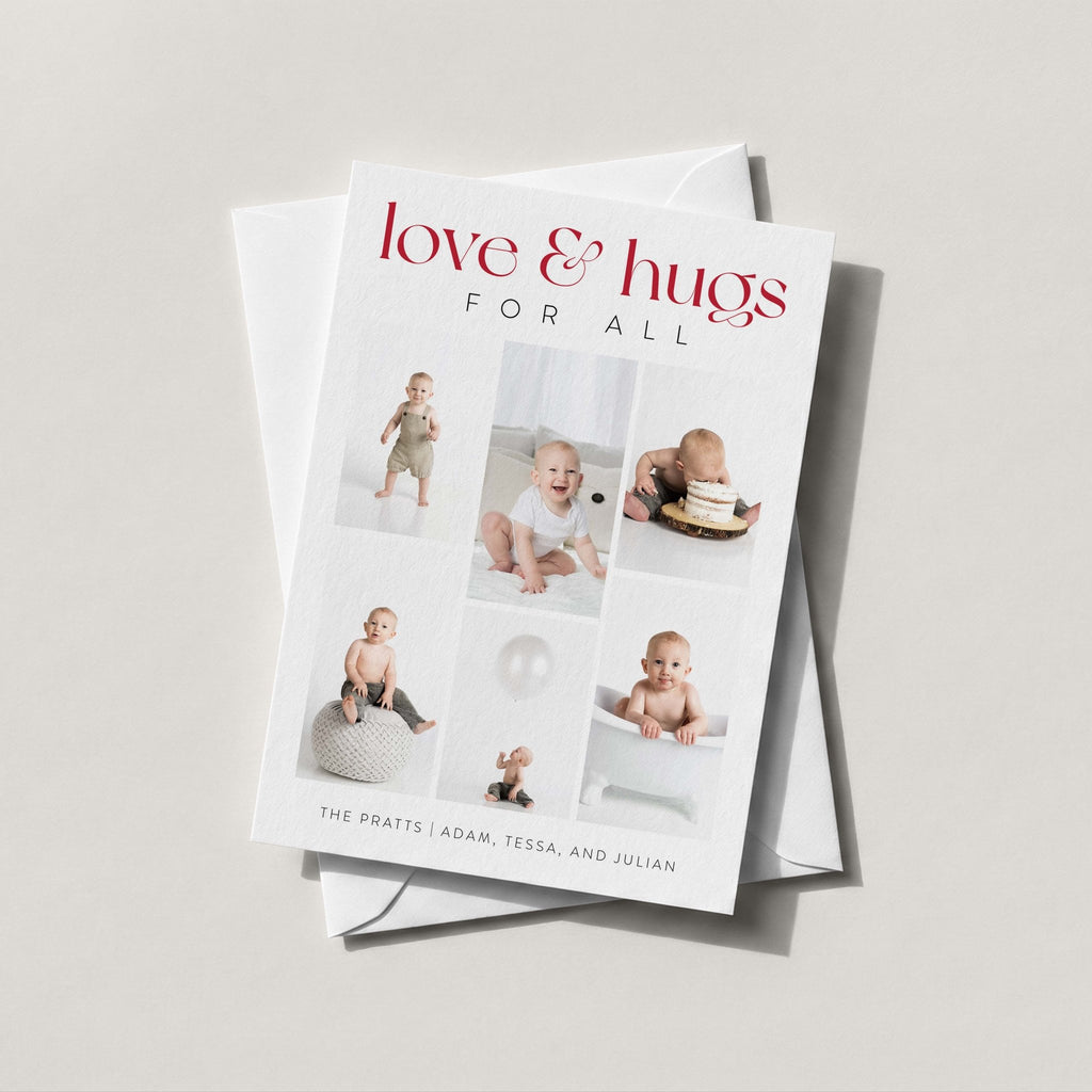 Love + Hugs card in white with a six-photo layout and love & hugs FOR ALL in red script