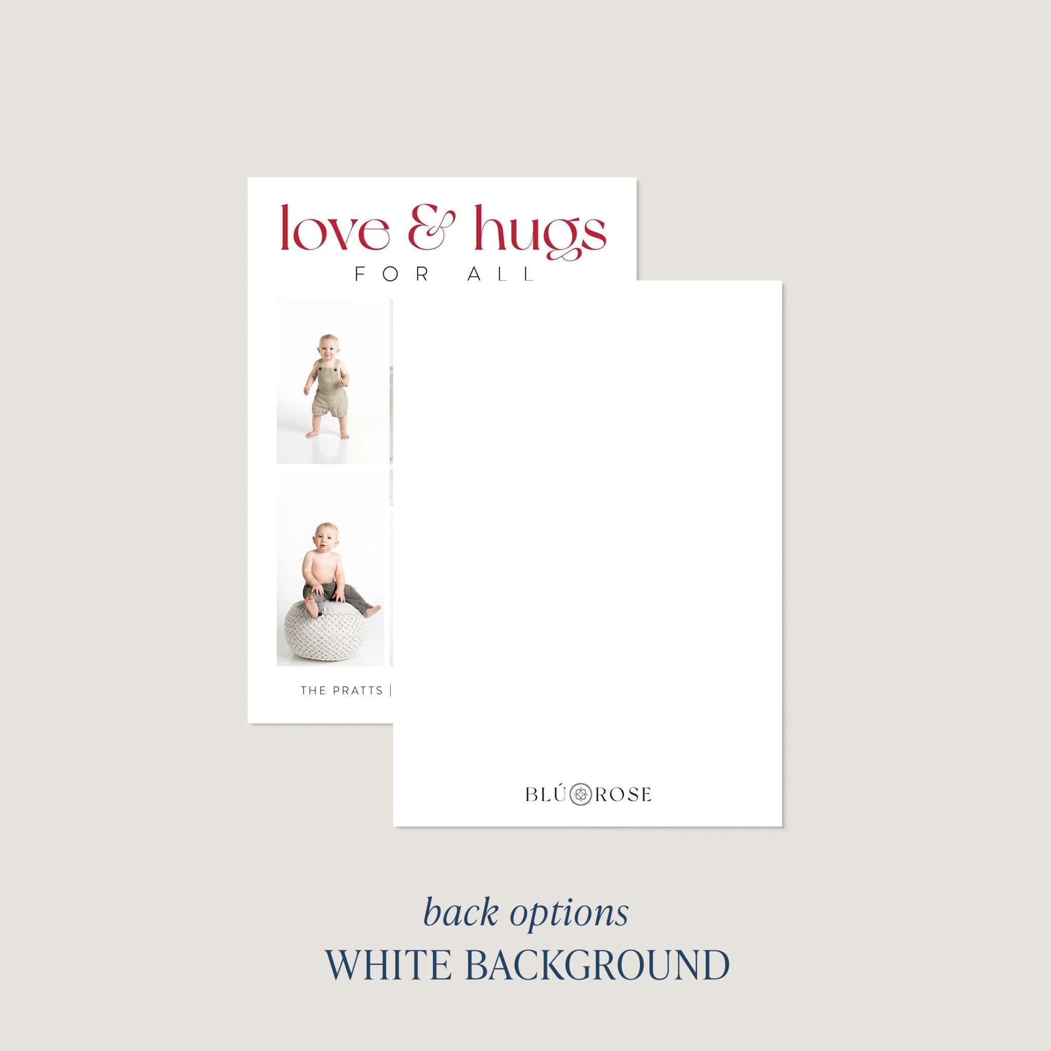 Love + Hugs card back option: plain white with a small Blú Rose mark