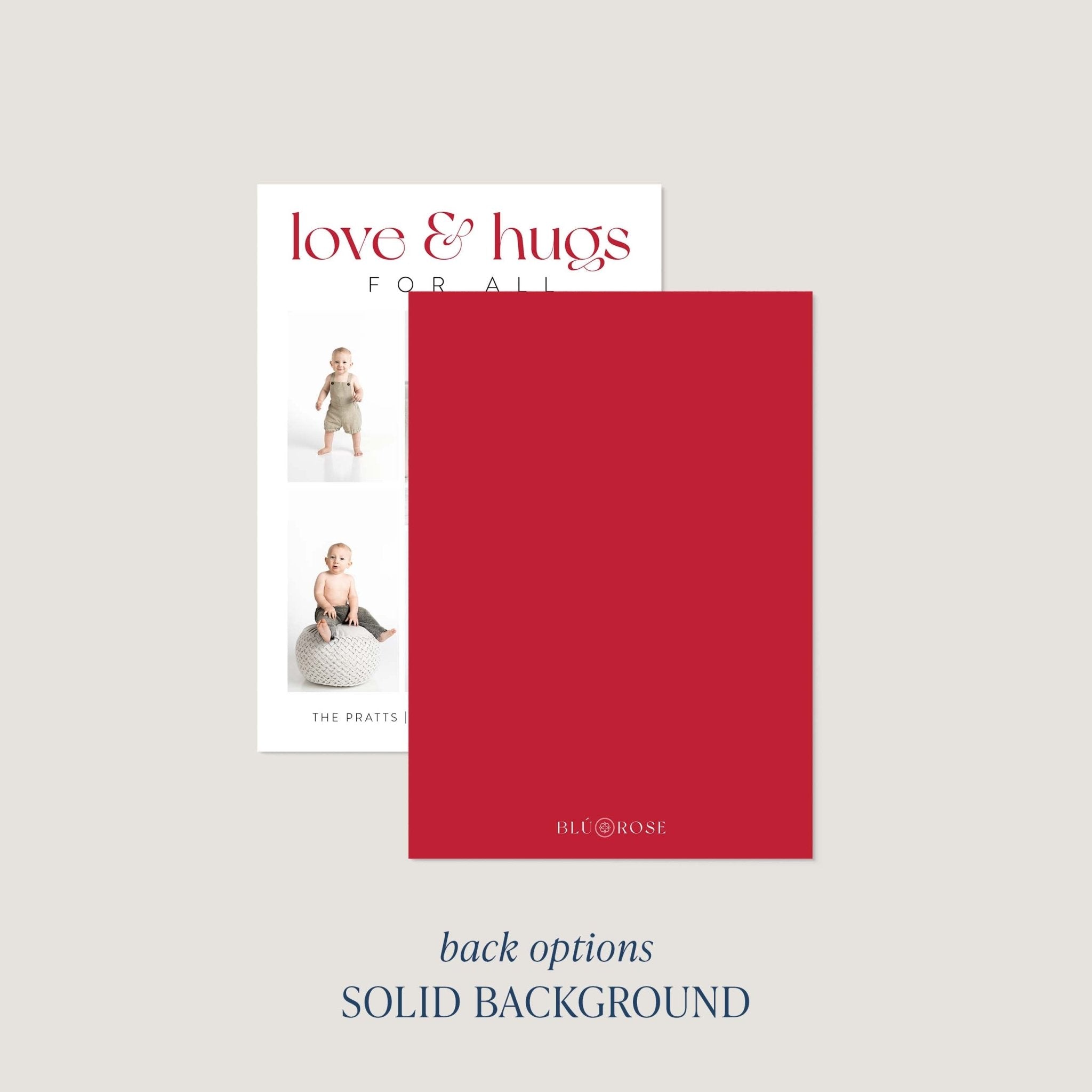Love + Hugs card back option: solid red with a small Blú Rose mark