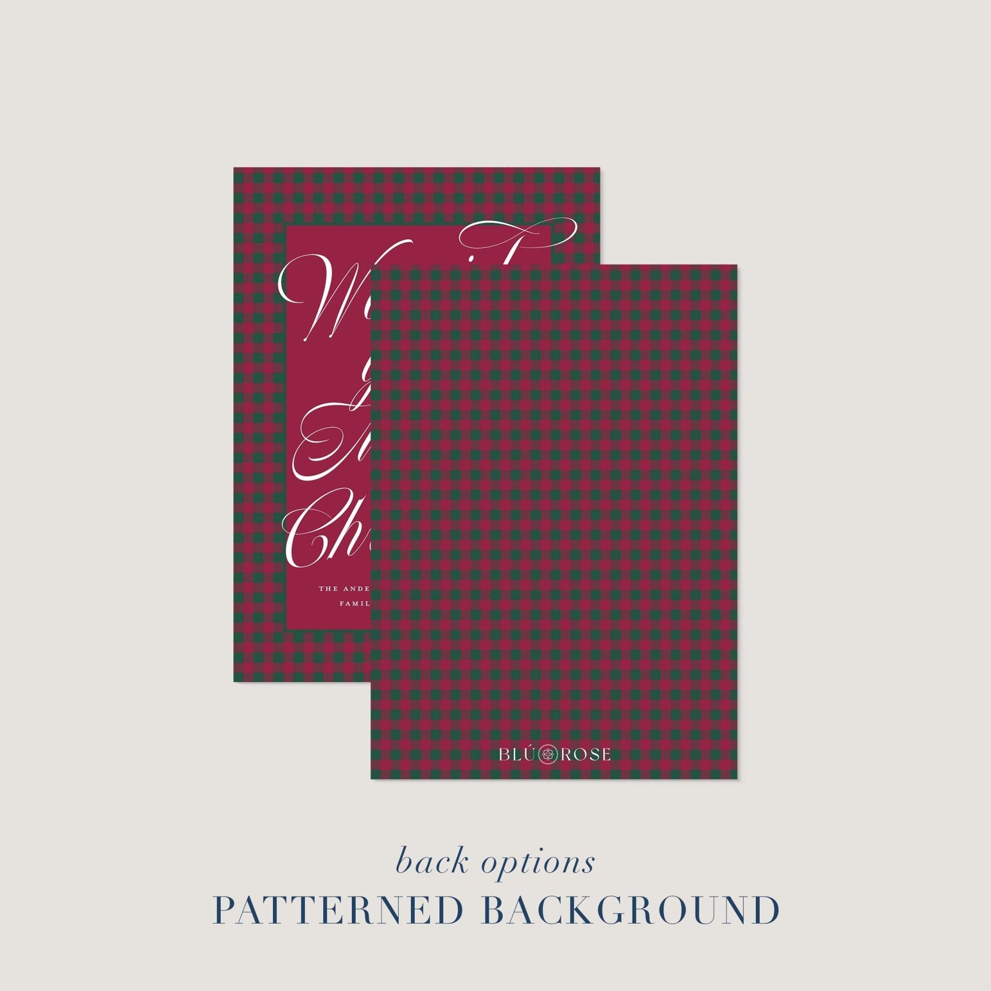 Holiday card shown with coordinating red and green plaid patterned back option.