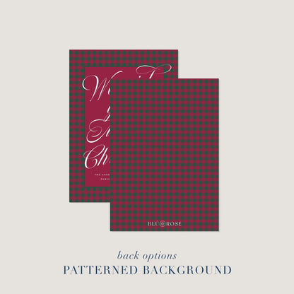 Holiday card shown with coordinating red and green plaid patterned back option.