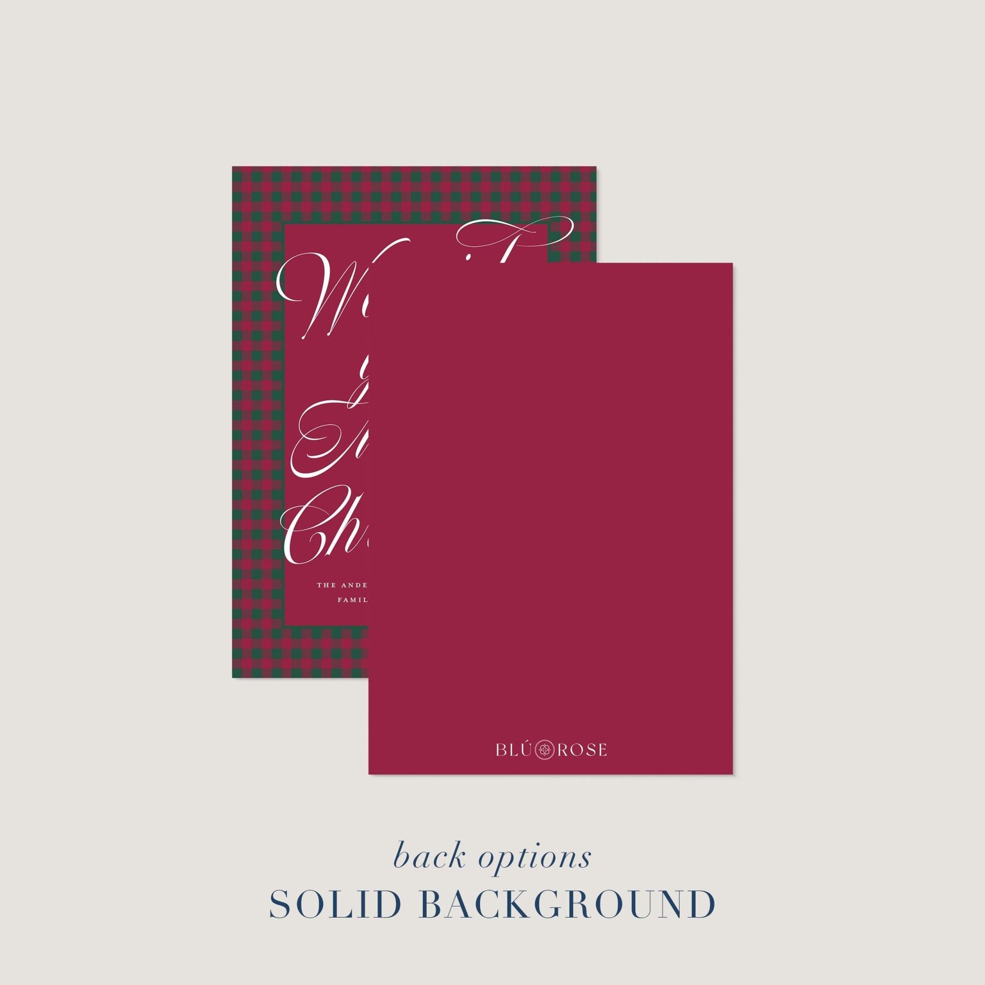 Holiday card shown with solid red back option featuring minimalist Blú Rose logo.