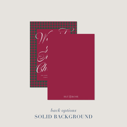 Holiday card shown with solid red back option featuring minimalist Blú Rose logo.