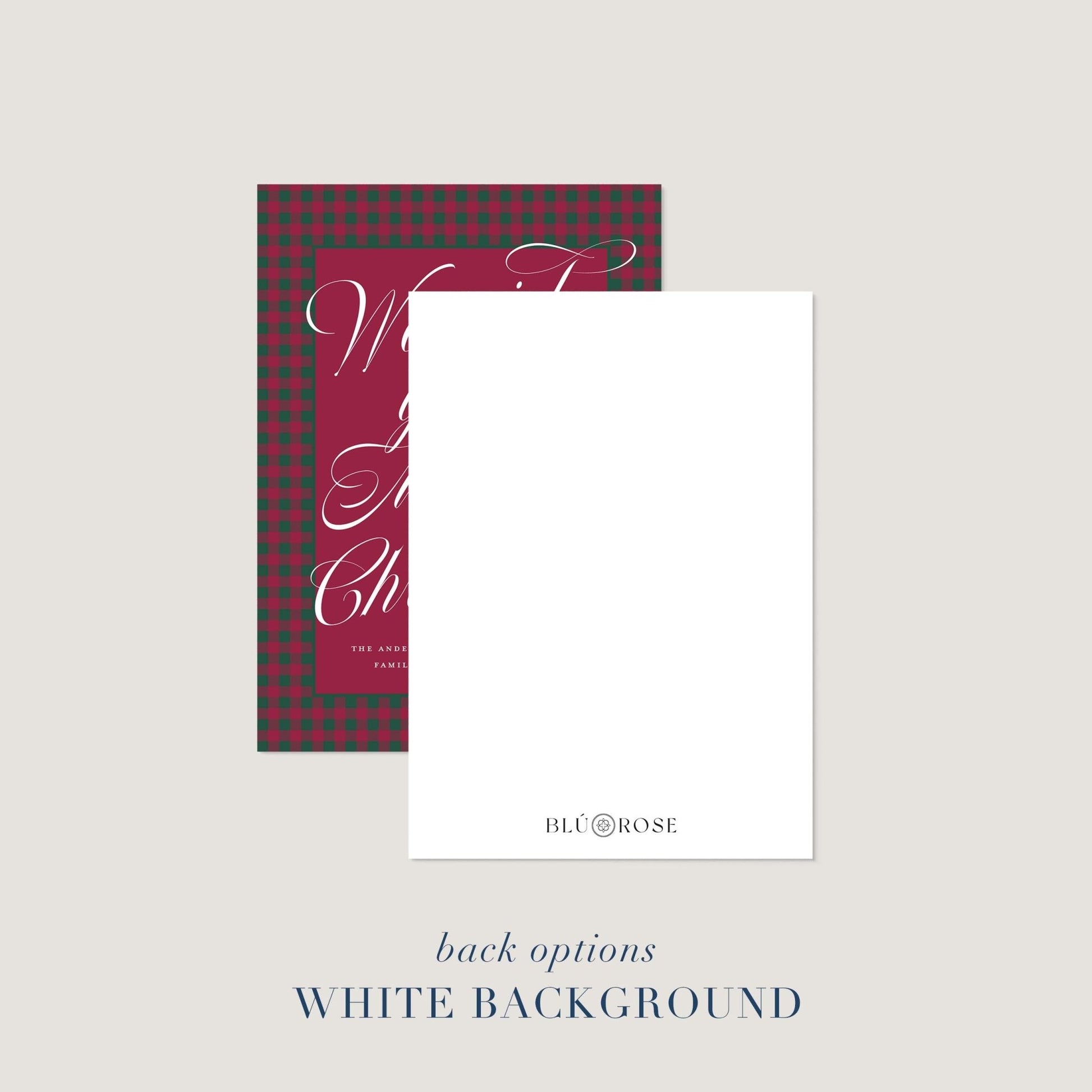 Holiday card shown with clean white back option featuring small Blú Rose logo.