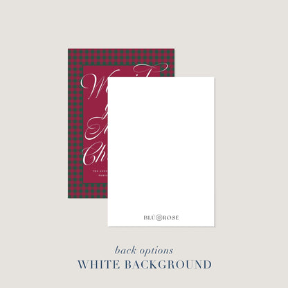 Holiday card shown with clean white back option featuring small Blú Rose logo.