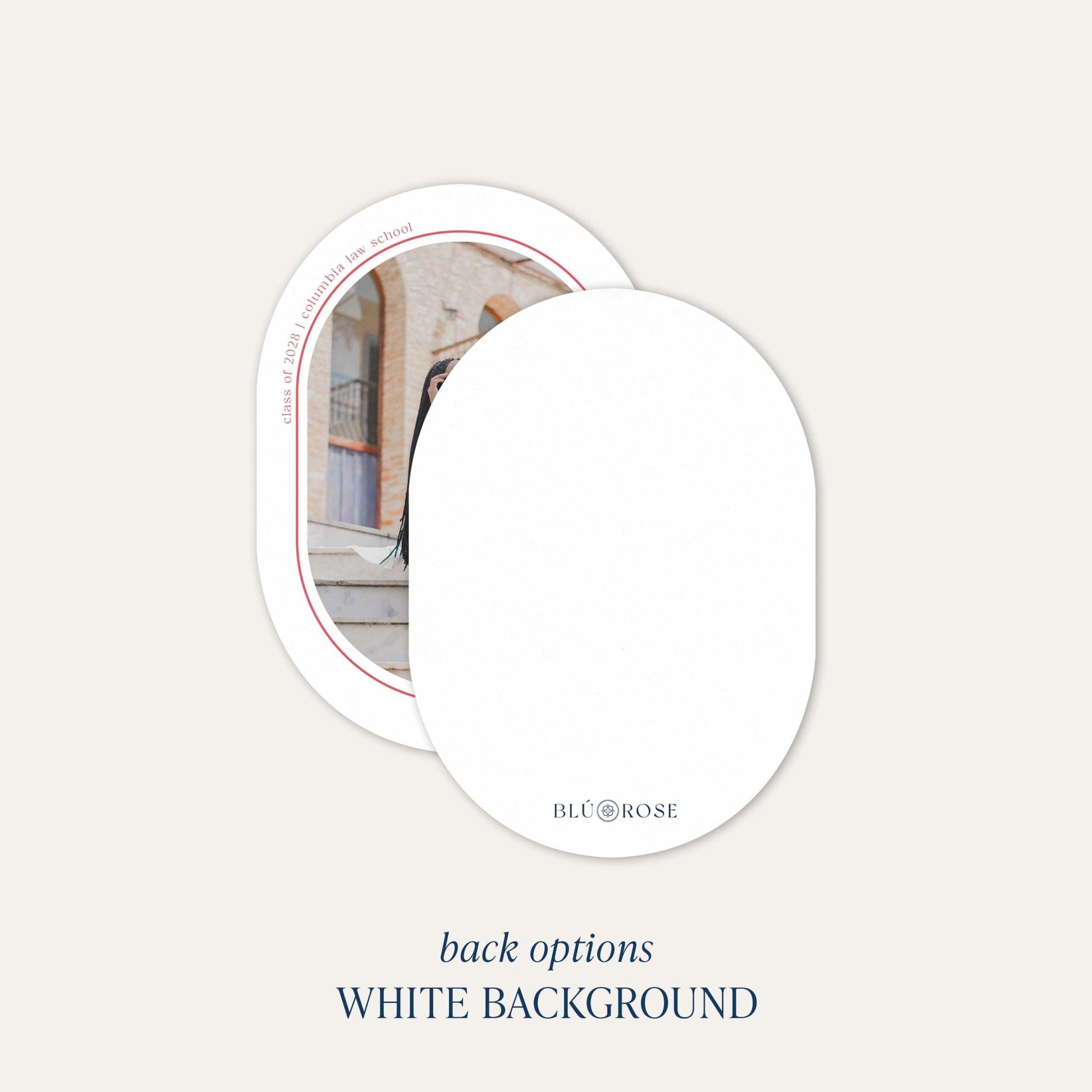 Back of Minimal Geo graduation announcement card showing white background option with oval cutout