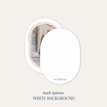 Back of Minimal Geo graduation announcement card showing white background option with oval cutout